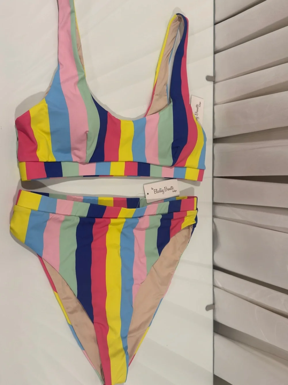 Blushing Brunette Vertical Stripe Scoop Bikini Top & High Waist Bottoms